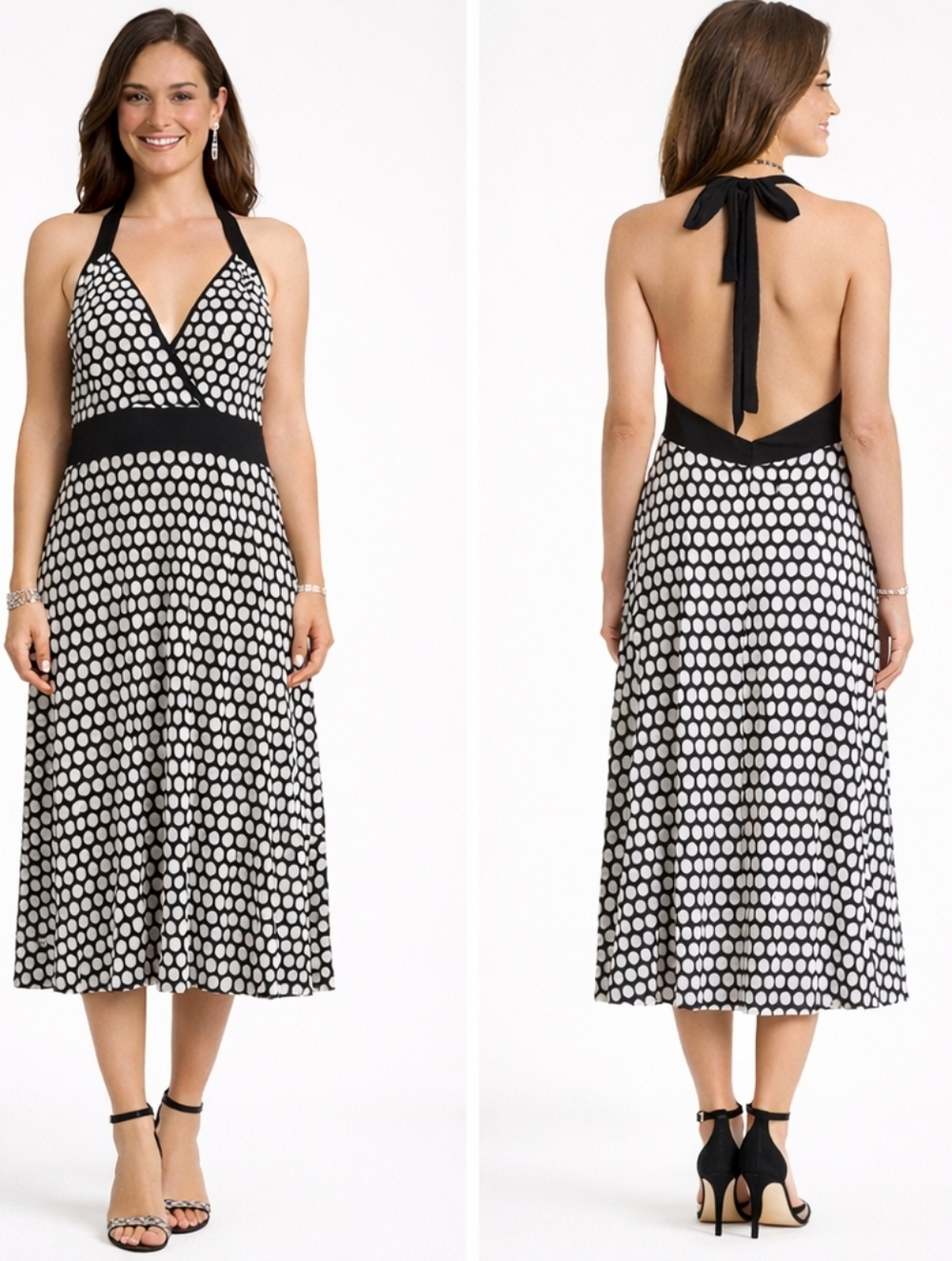 donna morgan black white polka dot halter dress size 14 midi empire waist nwt